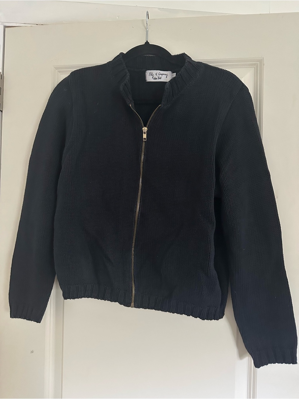 Womens Black Cotton Zip-Front Knit Sweater